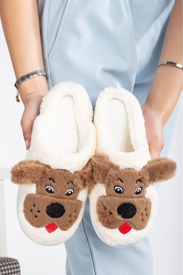Köpekli Peluş Kaydırmaz Taban Ev Terliği KREM - 36-37