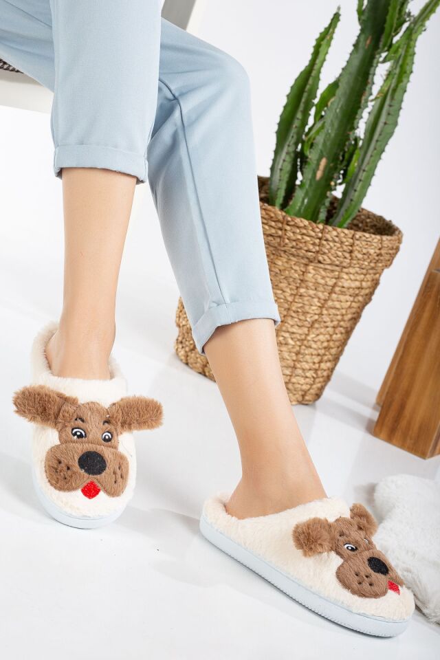 Köpekli Peluş Kaydırmaz Taban Ev Terliği KREM - 36-37