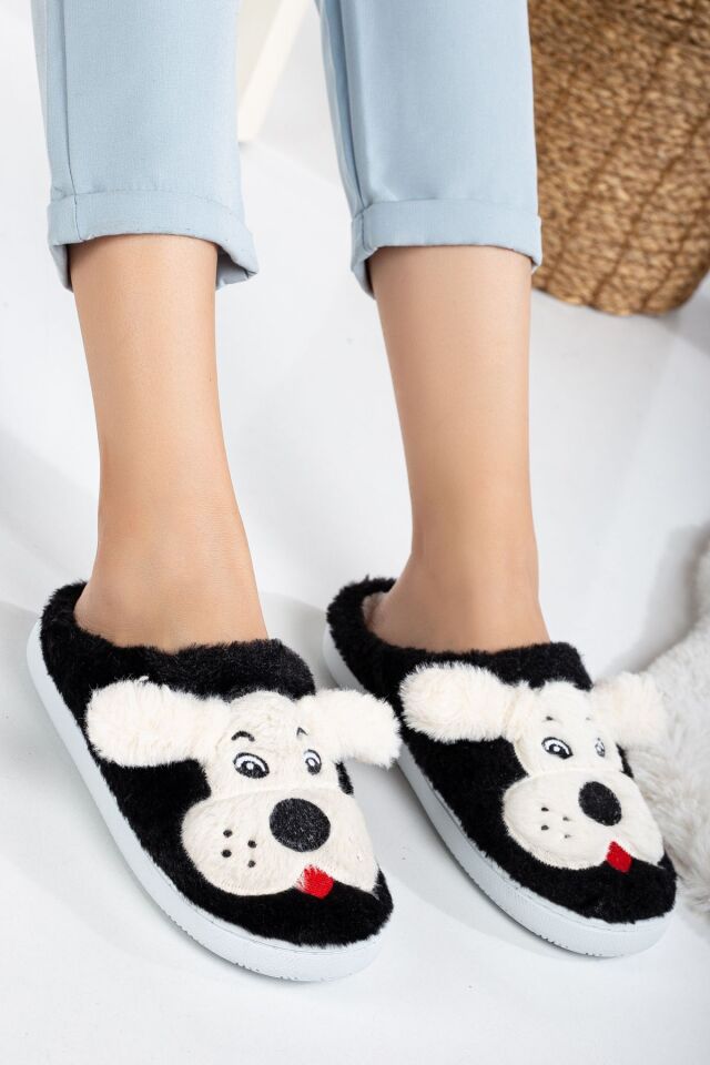 Köpekli Peluş Kaydırmaz Taban Ev Terliği SİYAH - 36-37