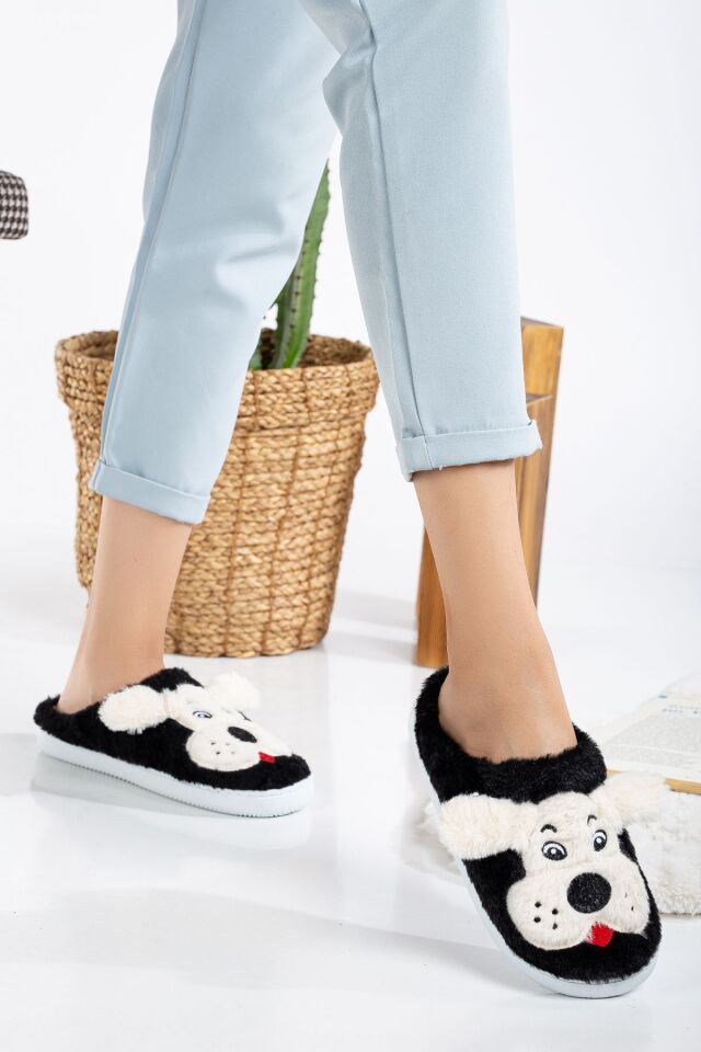 Köpekli Peluş Kaydırmaz Taban Ev Terliği SİYAH - 36-37