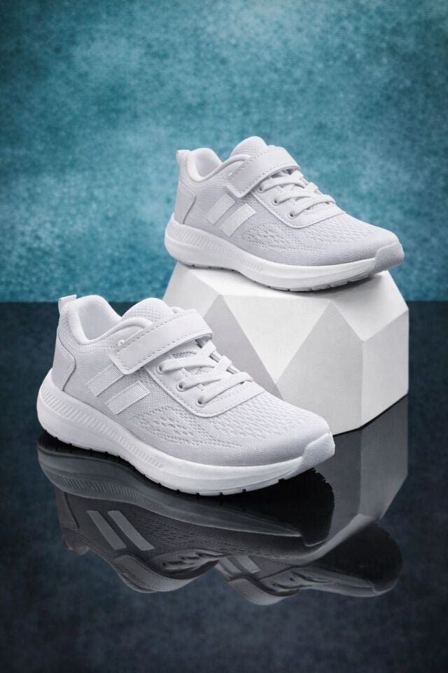 Çocuk Nefes Alabilir Fileli Cırt Bantlı Bağcıklı Hafif Taban Günlük Rahat Çocuk Spor Ayakkabı Snekaker BEYAZ - 35