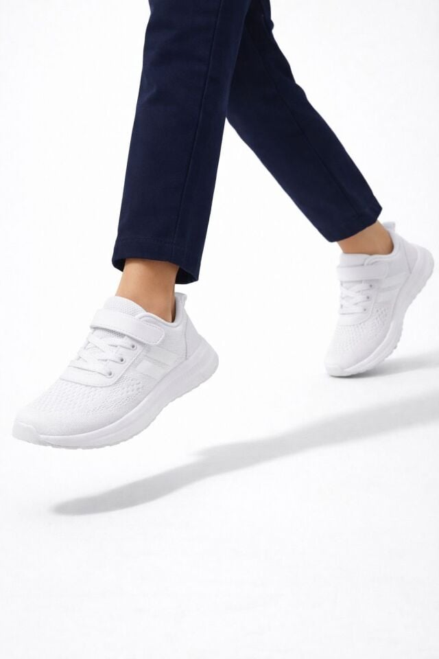 Çocuk Nefes Alabilir Fileli Cırt Bantlı Bağcıklı Hafif Taban Günlük Rahat Çocuk Spor Ayakkabı Snekaker BEYAZ - 35