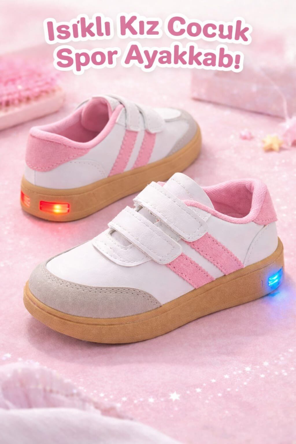 Unisex  Günlük Işıklı Çocuk Cırtlı Yürüyüş Koşu Sneaker Spor Ayakkabı BEYAZ-PUDRA - 30