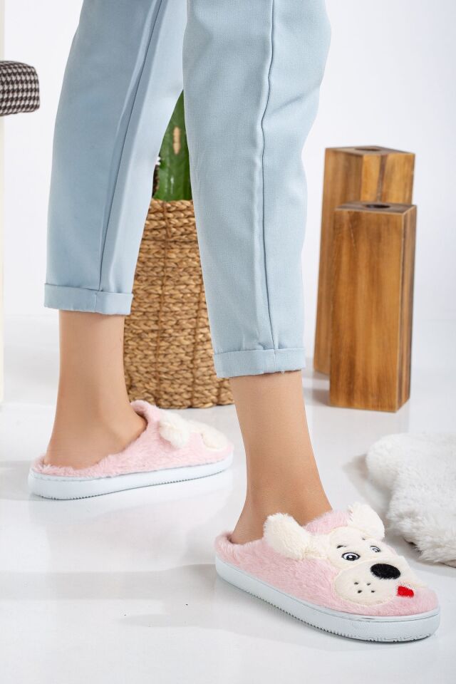 Köpekli Peluş Kaydırmaz Taban Ev Terliği PUDRA - 36-37