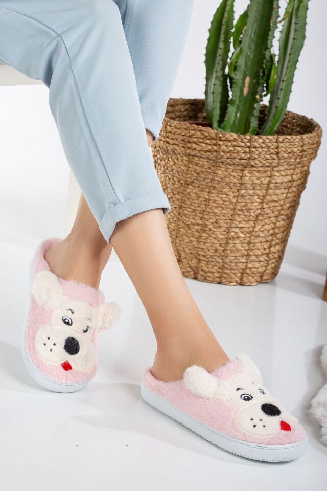Köpekli Peluş Kaydırmaz Taban Ev Terliği PUDRA - 38-39