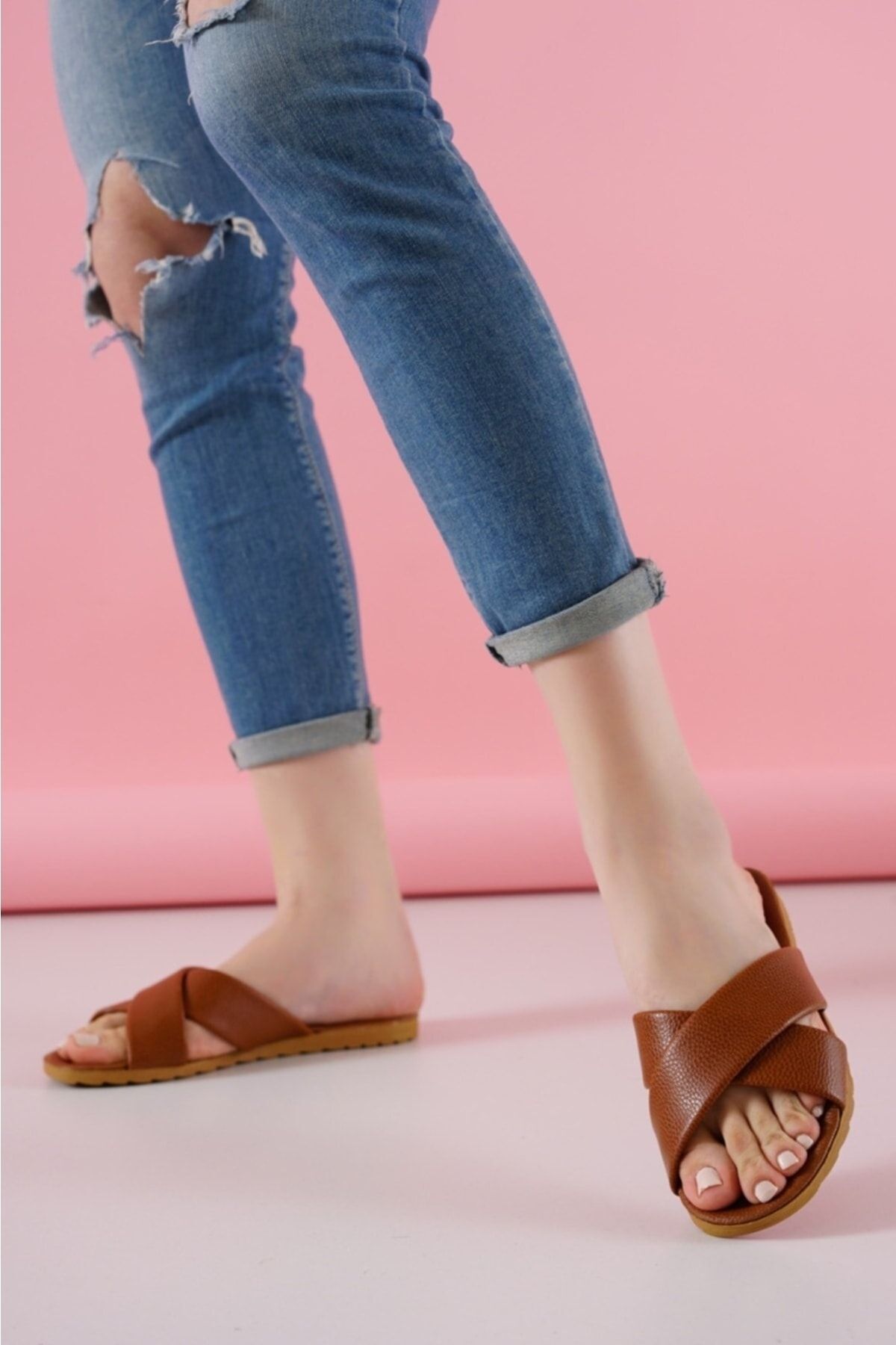 Kadın Yazlık Çapraz Terlik Plaj Sokak Ev Terliği TABA - 40