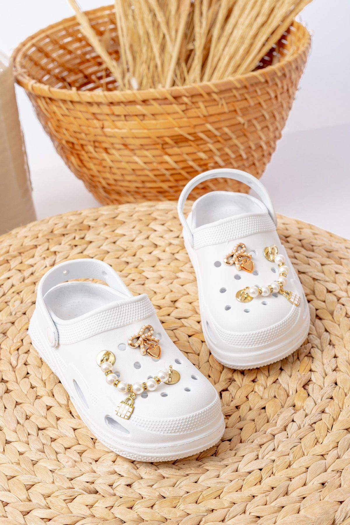 Zincirli Boncuklu Kız Çocuk Sandalet-Terlik BEYAZ - 29-30