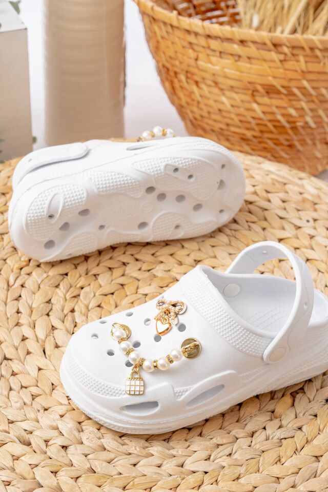 Zincirli Boncuklu Kız Çocuk Sandalet-Terlik BEYAZ - 29-30