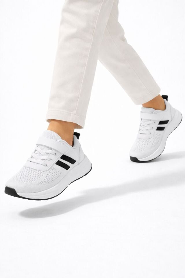 Çocuk Nefes Alabilir Fileli Cırt Bantlı Bağcıklı Hafif Taban Günlük Rahat Çocuk Spor Ayakkabı Snekaker BEYAZ-SİYAH - 35