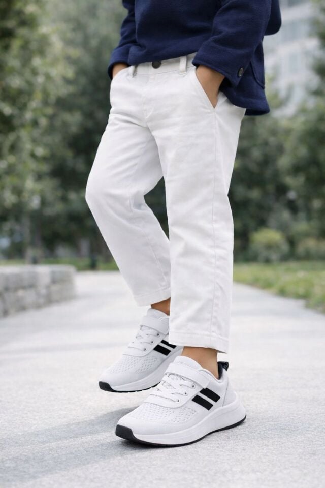 Çocuk Nefes Alabilir Fileli Cırt Bantlı Bağcıklı Hafif Taban Günlük Rahat Çocuk Spor Ayakkabı Snekaker BEYAZ-SİYAH - 35