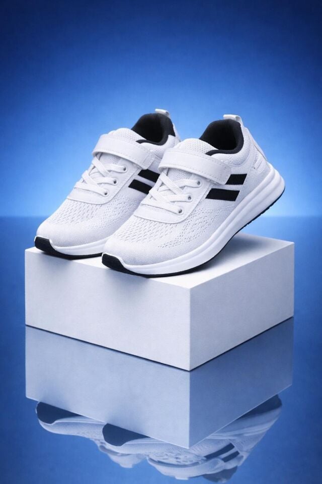 Çocuk Nefes Alabilir Fileli Cırt Bantlı Bağcıklı Hafif Taban Günlük Rahat Çocuk Spor Ayakkabı Snekaker BEYAZ-SİYAH - 35