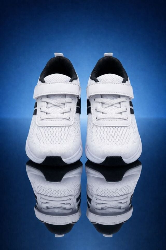 Çocuk Nefes Alabilir Fileli Cırt Bantlı Bağcıklı Hafif Taban Günlük Rahat Çocuk Spor Ayakkabı Snekaker BEYAZ-SİYAH - 35