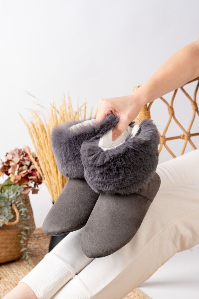 Yünlü Lüks Boğazı Peluş Detaylı Ev Botu GRİ - 40