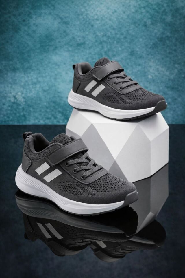 Çocuk Nefes Alabilir Fileli Cırt Bantlı Bağcıklı Hafif Taban Günlük Rahat Çocuk Spor Ayakkabı Snekaker GRİ - 35