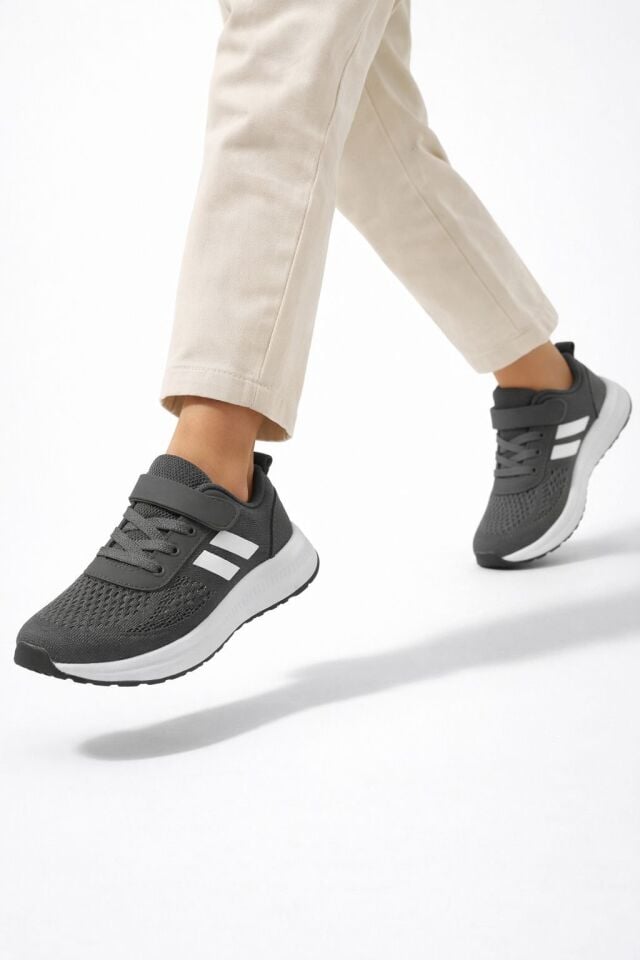 Çocuk Nefes Alabilir Fileli Cırt Bantlı Bağcıklı Hafif Taban Günlük Rahat Çocuk Spor Ayakkabı Snekaker GRİ - 35