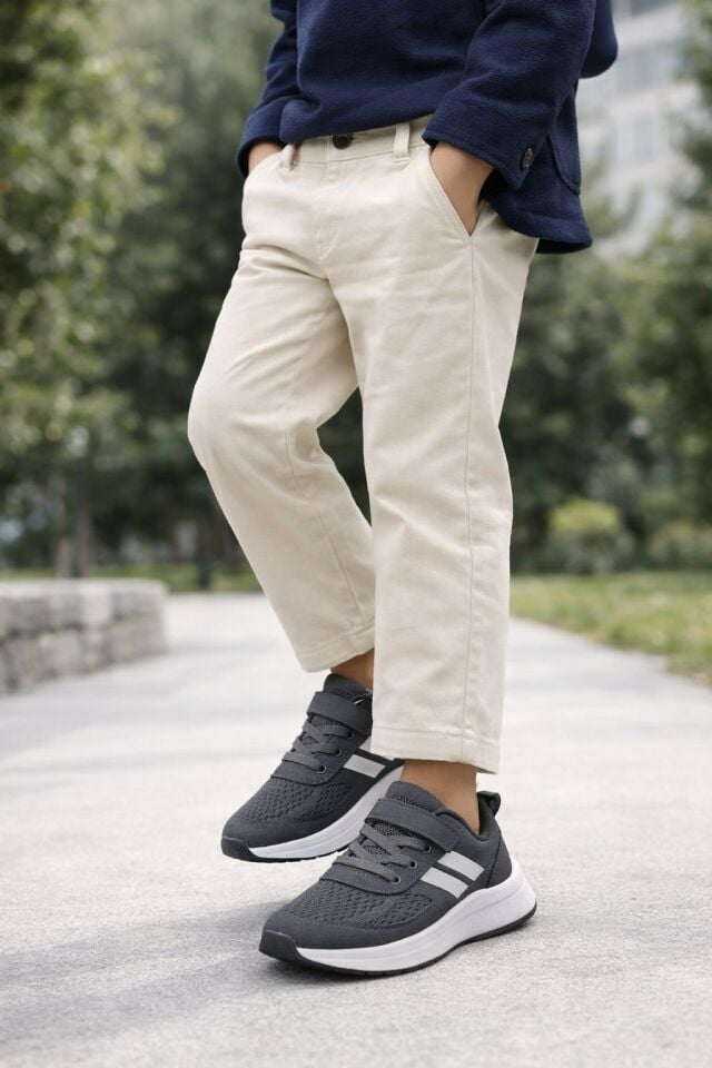 Çocuk Nefes Alabilir Fileli Cırt Bantlı Bağcıklı Hafif Taban Günlük Rahat Çocuk Spor Ayakkabı Snekaker GRİ - 35