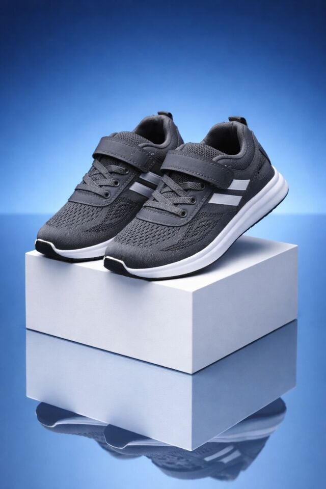 Çocuk Nefes Alabilir Fileli Cırt Bantlı Bağcıklı Hafif Taban Günlük Rahat Çocuk Spor Ayakkabı Snekaker GRİ - 35