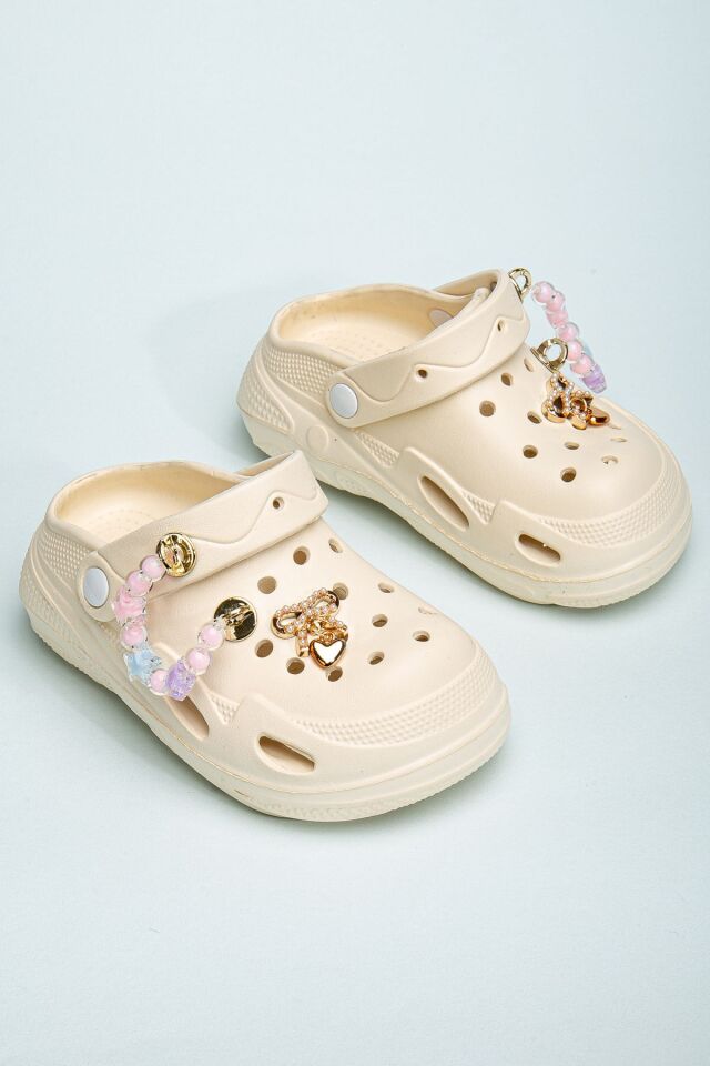Zincirli Boncuklu Kız Çocuk Sandalet-Terlik KREM - 31 - 32