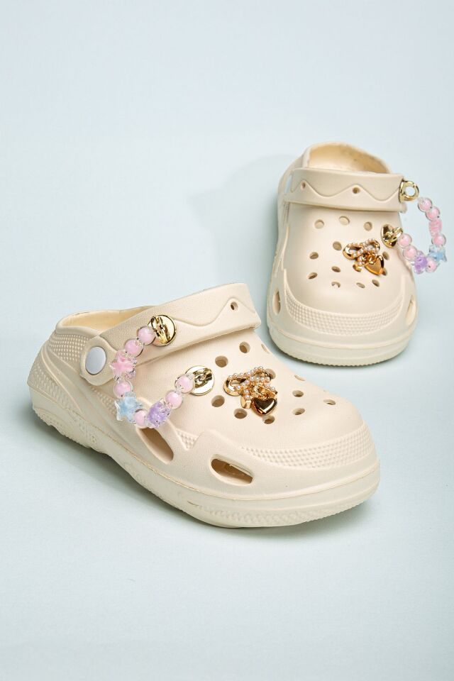 Zincirli Boncuklu Kız Çocuk Sandalet-Terlik KREM - 31 - 32