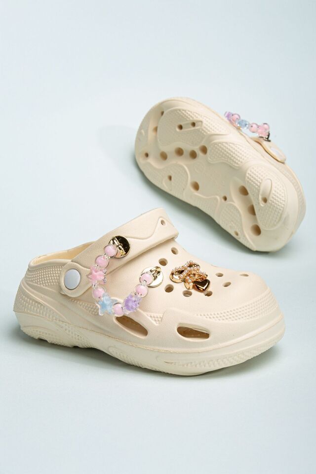 Zincirli Boncuklu Kız Çocuk Sandalet-Terlik KREM - 31 - 32