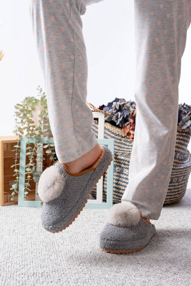 Kadın Ev Terliği Ponpon Şık Giyim Hediyelik Çeyiz Bohça Misafir Terliği GRİ - 40