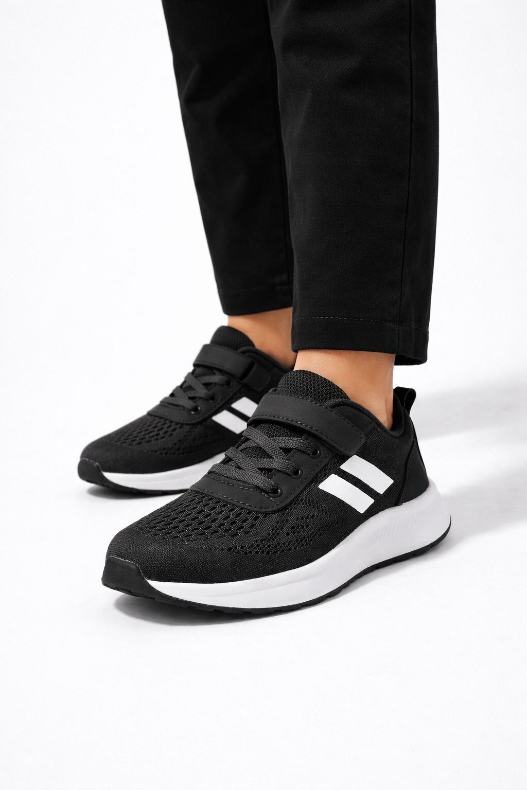 Çocuk Nefes Alabilir Fileli Cırt Bantlı Bağcıklı Hafif Taban Günlük Rahat Çocuk Spor Ayakkabı Snekaker SİYAH - 35