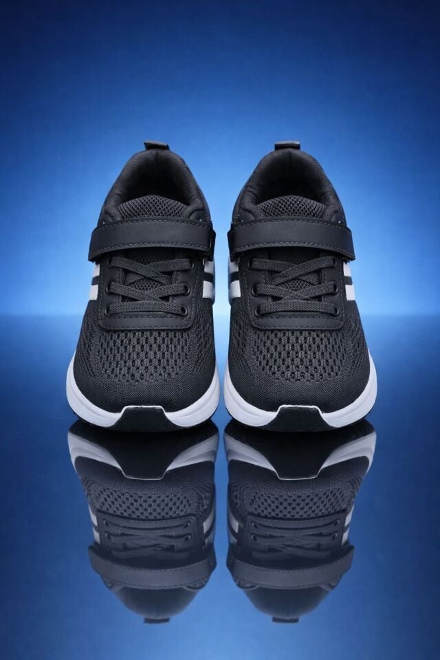 Çocuk Nefes Alabilir Fileli Cırt Bantlı Bağcıklı Hafif Taban Günlük Rahat Çocuk Spor Ayakkabı Snekaker SİYAH - 35