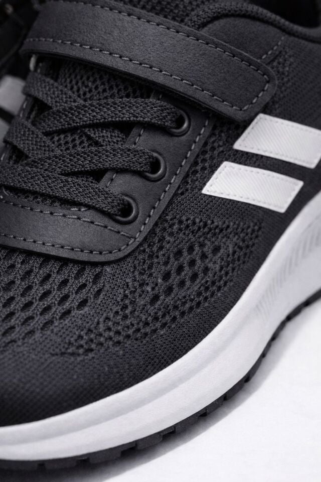 Çocuk Nefes Alabilir Fileli Cırt Bantlı Bağcıklı Hafif Taban Günlük Rahat Çocuk Spor Ayakkabı Snekaker SİYAH - 35