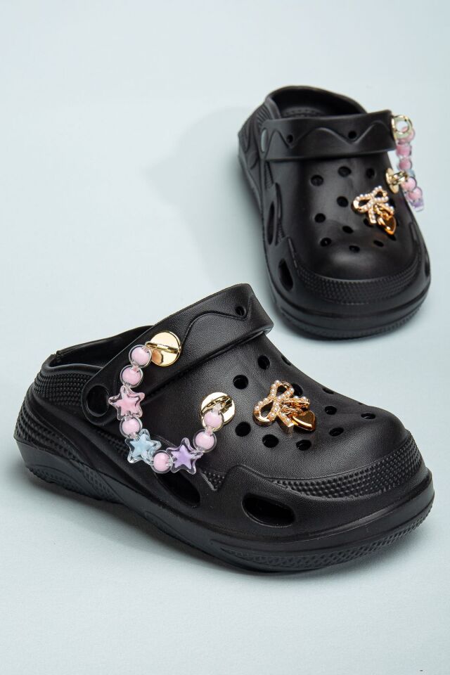 Zincirli Boncuklu Kız Çocuk Sandalet-Terlik SİYAH - 29-30