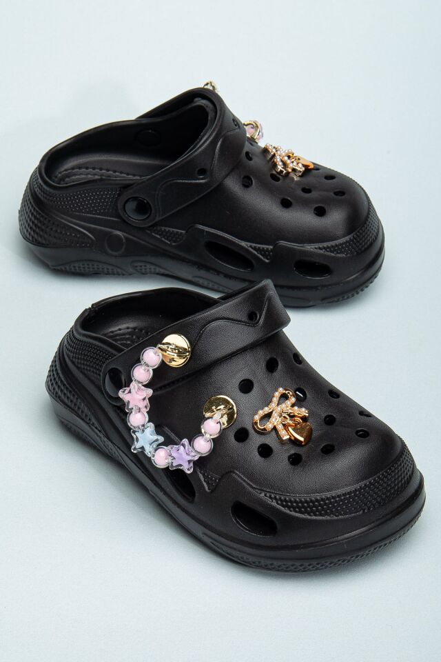 Zincirli Boncuklu Kız Çocuk Sandalet-Terlik SİYAH - 29-30