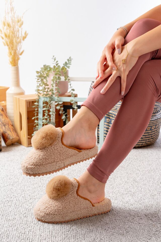 Kadın Ev Terliği Ponpon Şık Giyim Hediyelik Çeyiz Bohça Misafir Terliği VİZON - 38