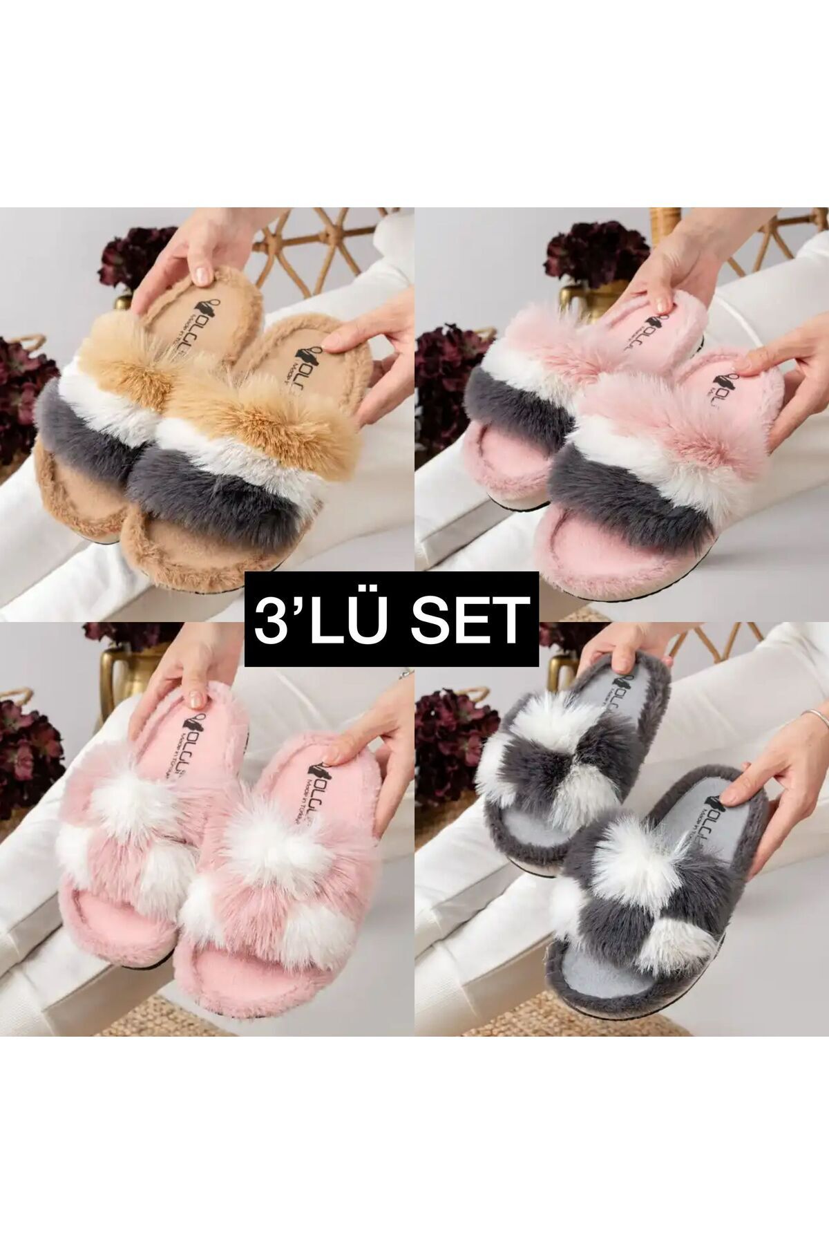 3'lü Kadın Peluş Ev Terliği Yazlık-Mevsimlik Ev Terliği Tüylü Terlik