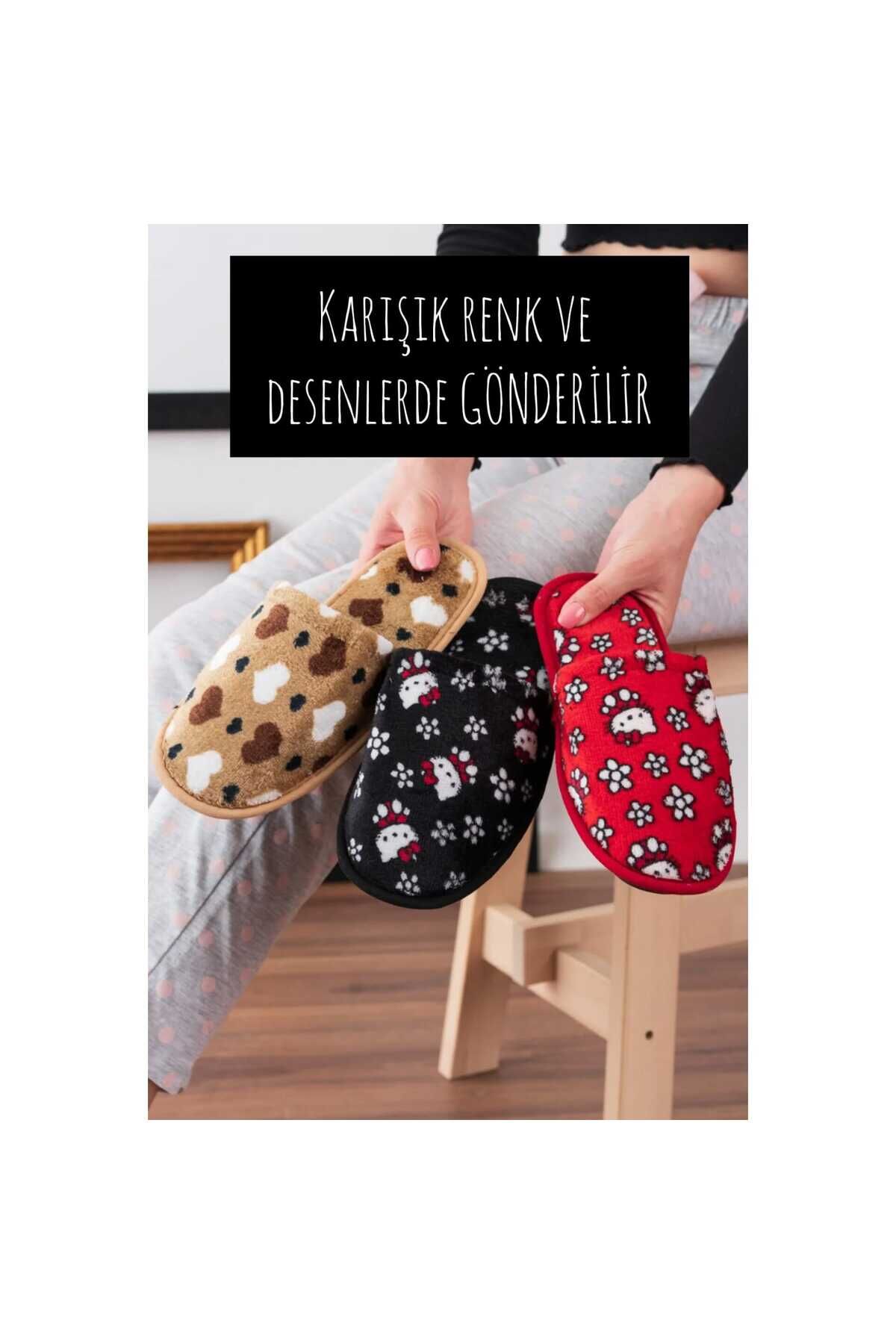 3’lü Kadın Ev Terliği Misafir Terliği Bohça Terliği KREM KALP SİYAH KEDİ KIRMIZI KEDİ - 37