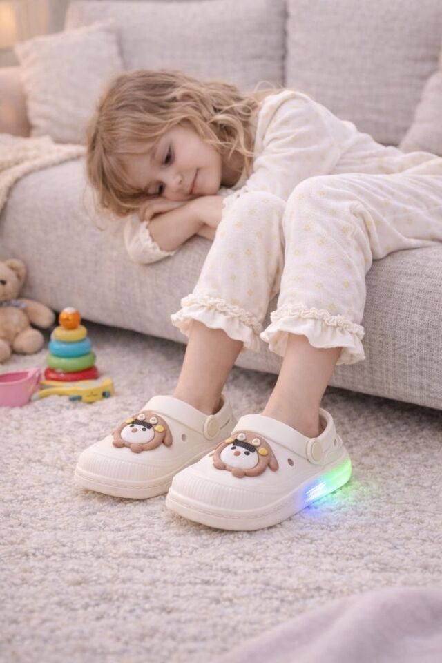 Işıklı Minik Maymun Çocuk Sandalet Terlik EKRU - 23-24