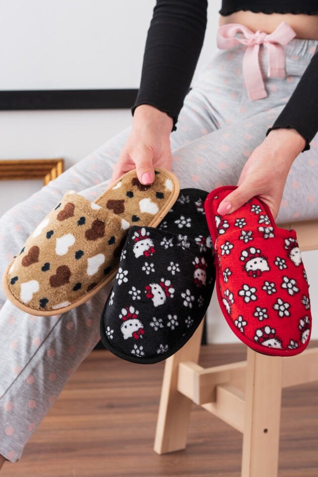 3’lü Kadın Ev Terliği Misafir Terliği Bohça Terliği KREM KALP SİYAH KEDİ KIRMIZI KEDİ - 39