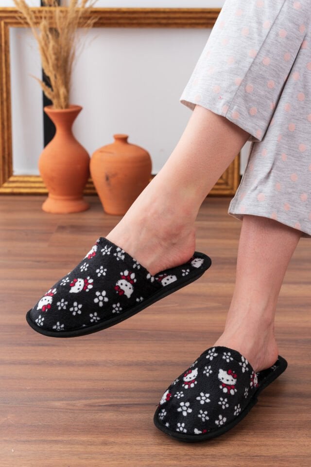 3’lü Kadın Ev Terliği Misafir Terliği Bohça Terliği KREM KALP SİYAH KEDİ KIRMIZI KEDİ - 39