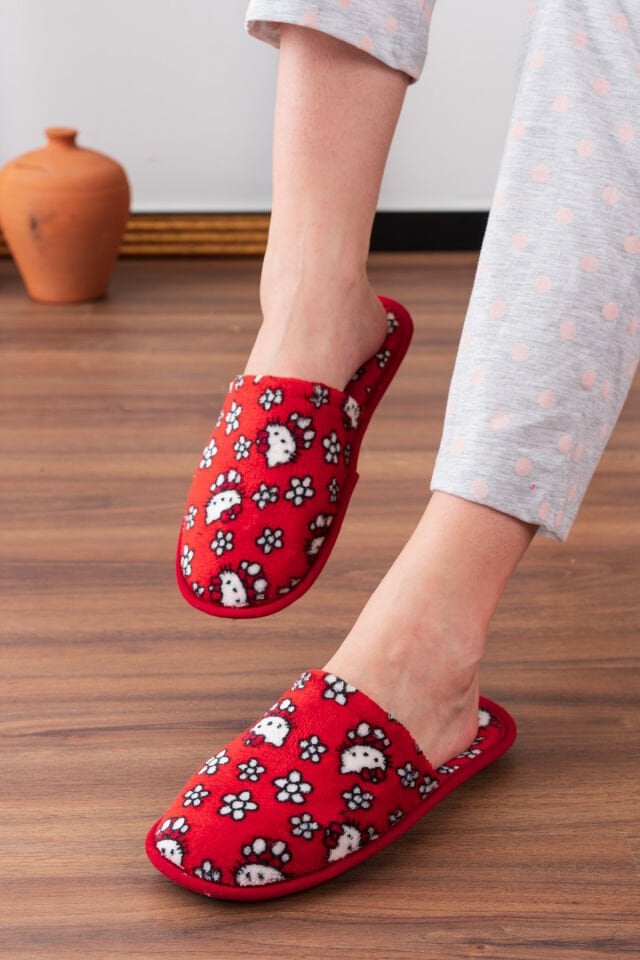 3’lü Kadın Ev Terliği Misafir Terliği Bohça Terliği KREM KALP SİYAH KEDİ KIRMIZI KEDİ - 39