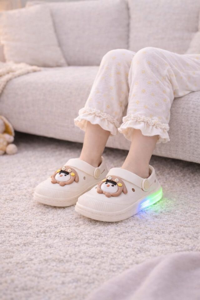 Işıklı Minik Maymun Çocuk Sandalet Terlik EKRU - 27-28