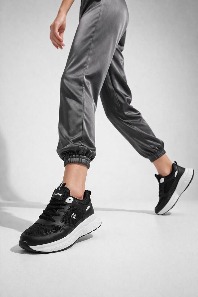 Kadın Sneaker Günlük Spor Ayakkabı Kalın Taban Hafif Rahat Yürüyüş Sneaker Modern Tasarım Şık Kombin Uyumlu SİYAH-BEYAZ - 38