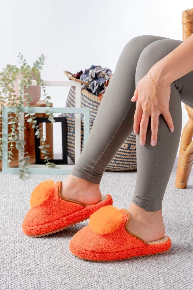 Kadın Ev Terliği Ponpon Şık Giyim Hediyelik Çeyiz Bohça Misafir Terliği TURUNCU - 38