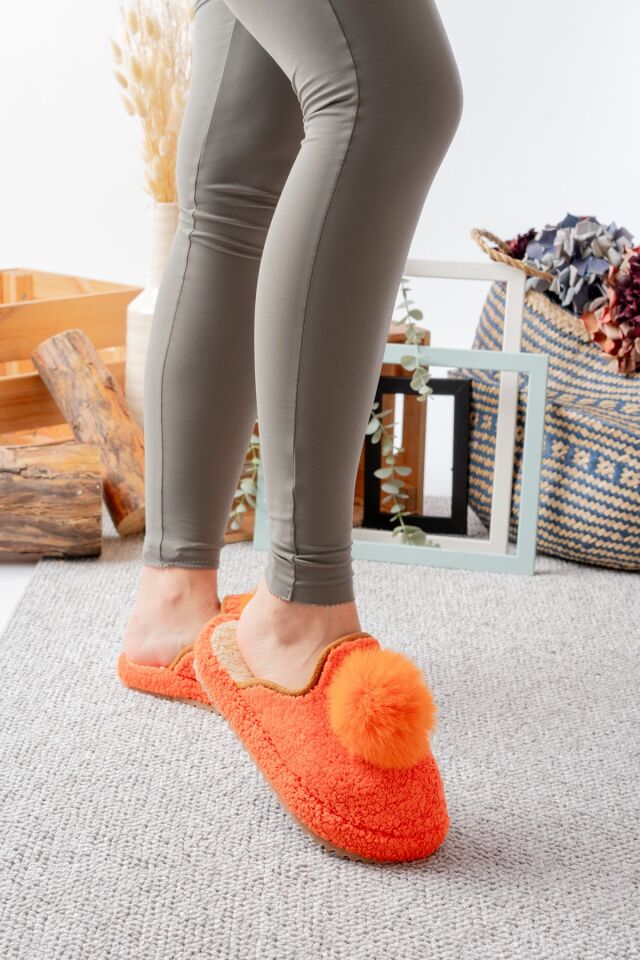 Kadın Ev Terliği Ponpon Şık Giyim Hediyelik Çeyiz Bohça Misafir Terliği TURUNCU - 38