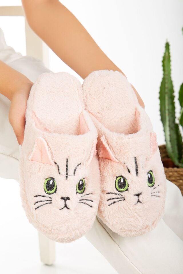 Kadın Kedi Figürlü Sessiz Taban Peluş Ev Terliği PUDRA - 38-39