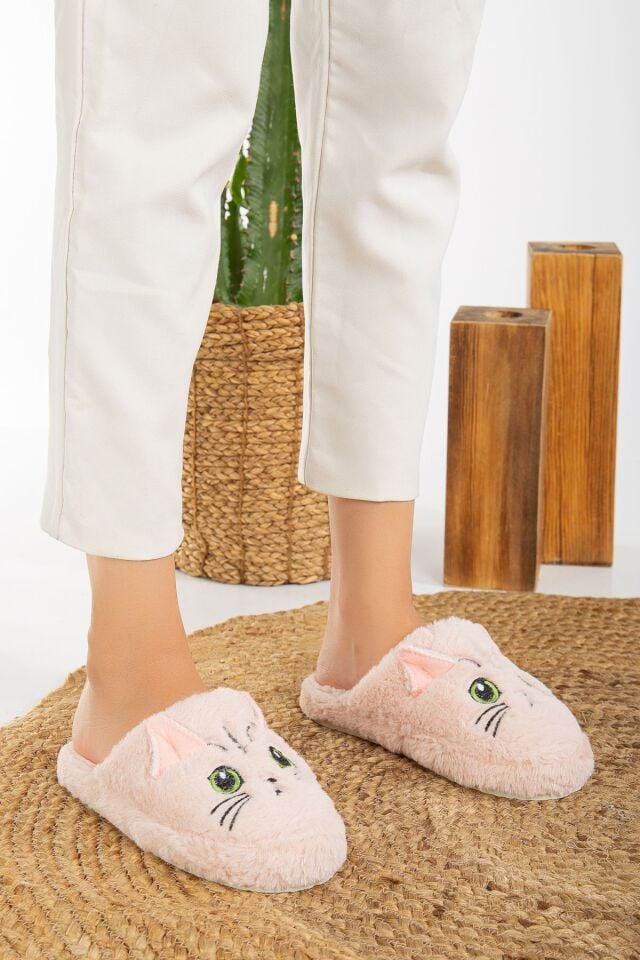 Kadın Kedi Figürlü Sessiz Taban Peluş Ev Terliği PUDRA - 38-39