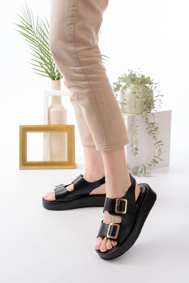 Kadın Çift Bantlı Toka Detaylı Günlük Rahat Sandalet SİYAH - 40