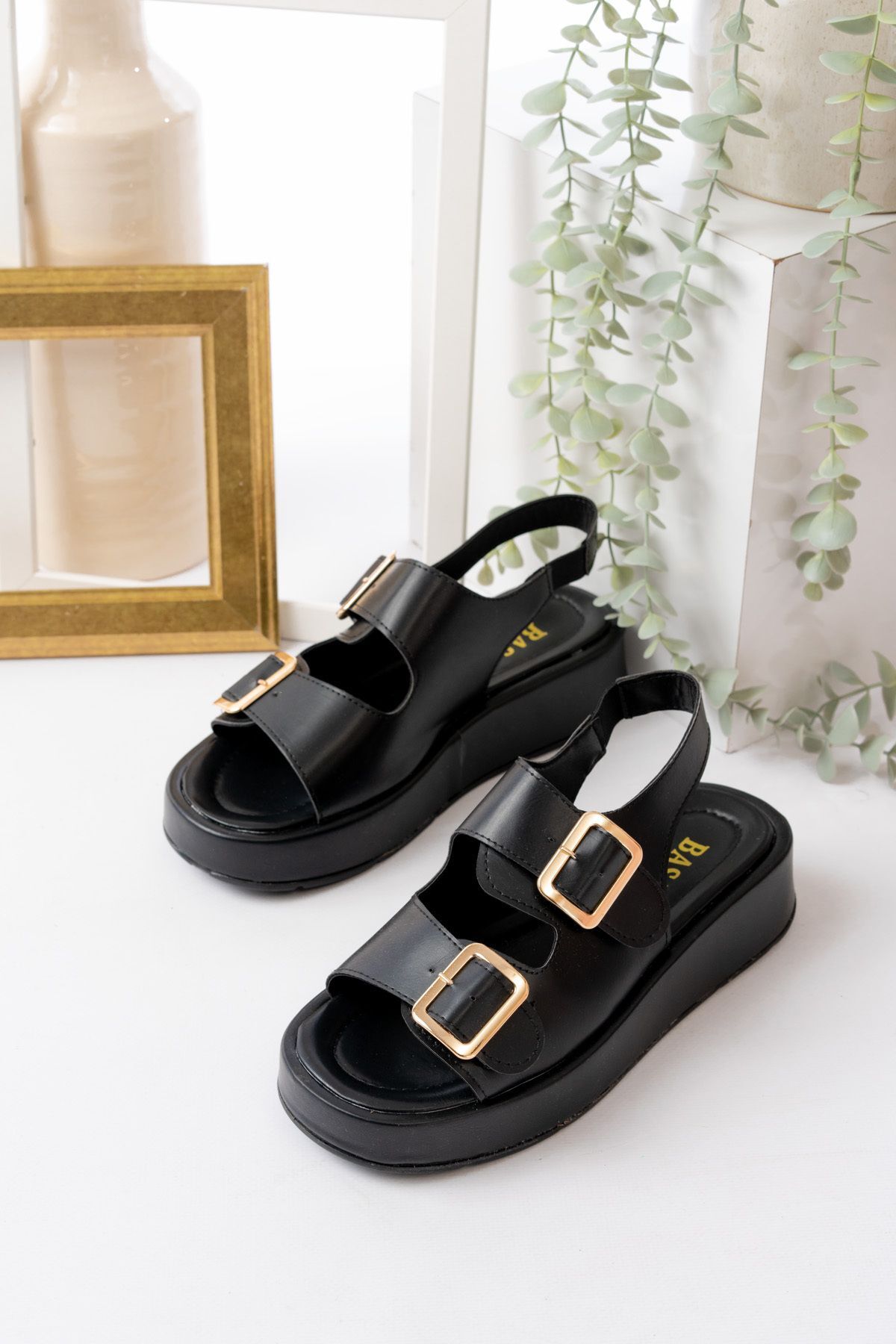 Kadın Çift Bantlı Toka Detaylı Günlük Rahat Sandalet SİYAH - 38