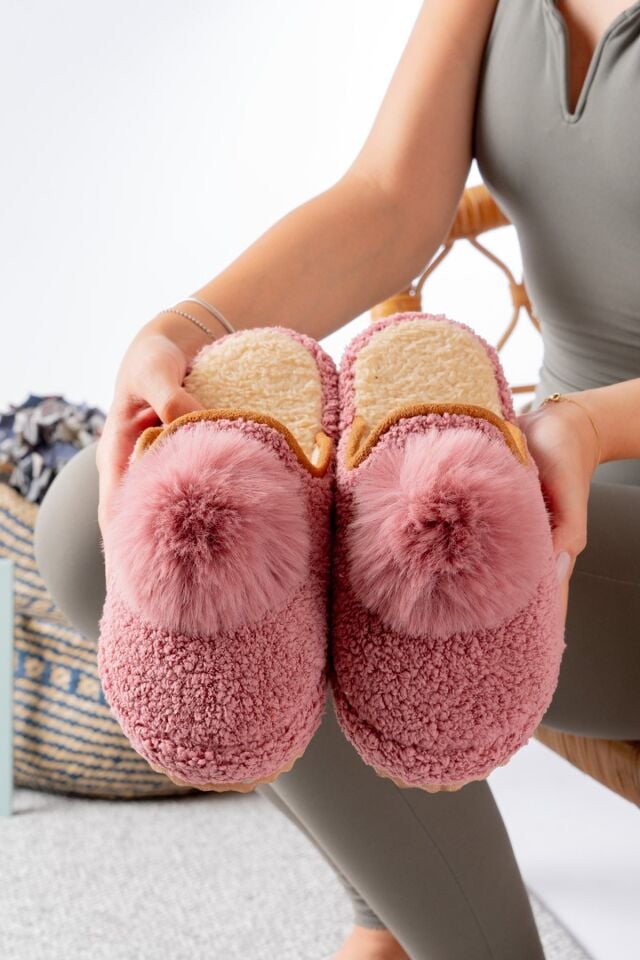 Kadın Ev Terliği Ponpon Şık Giyim Hediyelik Çeyiz Bohça Misafir Terliği GÜL KURUSU - 37