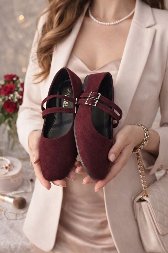 Kadın Üstten Kemerli Çift Tokalı Çift Bantlı Tokalı Süet Babet Süet BORDO - 40