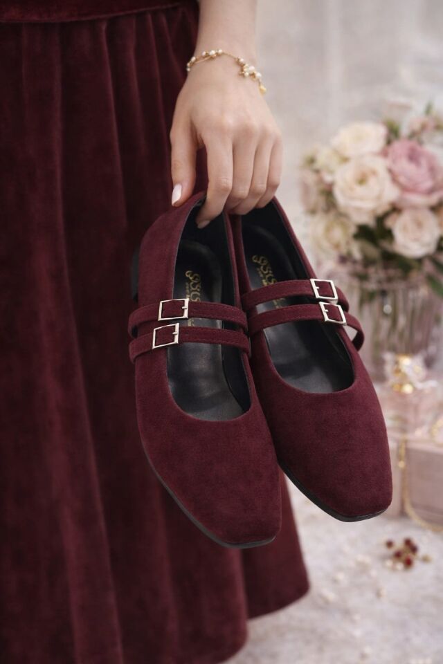 Kadın Üstten Kemerli Çift Tokalı Çift Bantlı Tokalı Süet Babet Süet BORDO - 40