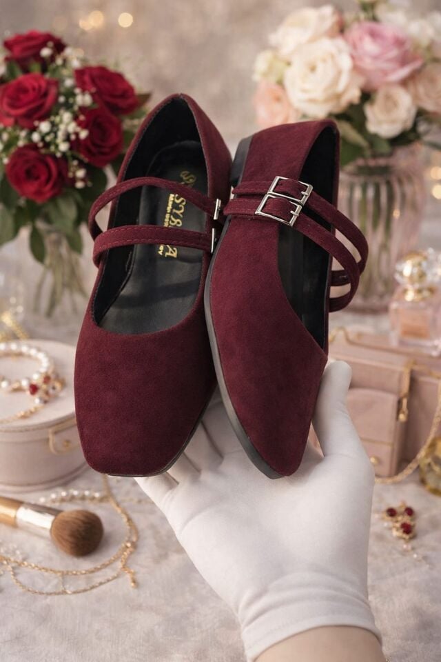 Kadın Üstten Kemerli Çift Tokalı Çift Bantlı Tokalı Süet Babet Süet BORDO - 40