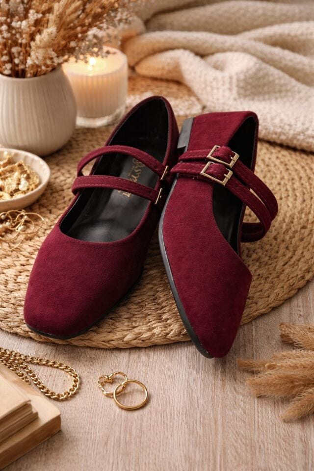 Kadın Üstten Kemerli Çift Tokalı Çift Bantlı Tokalı Süet Babet Süet BORDO - 40